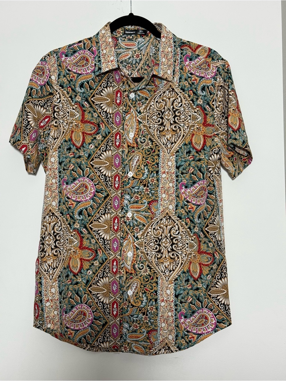 MANFINITY Short-Sleeve Paisley & Floral Button-Down Shirt - Green, Brown, Pink